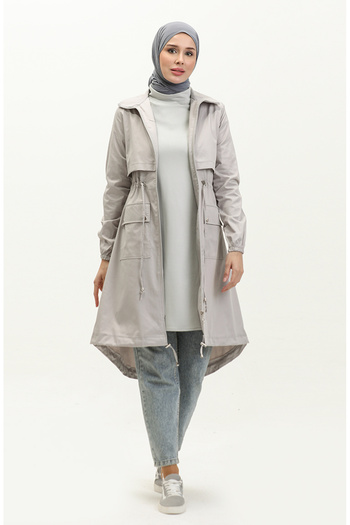 sefamerve Gray Trench Coat 61331-03 - Gathered Waist
