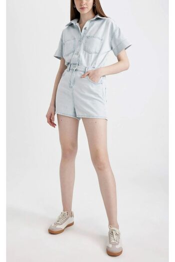 FASTPERY Salopetă mini din denim albastru deschis - Femeii la modă cu mânecă scurtă