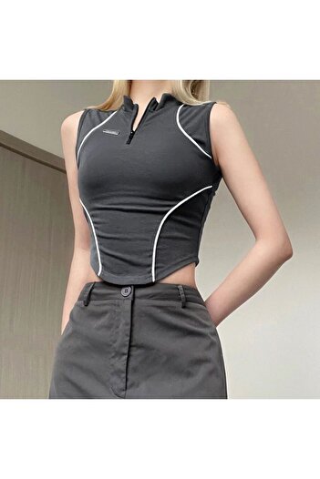 Köstebek Smoked Half-Throat Zipper Detailed Strappy Crop