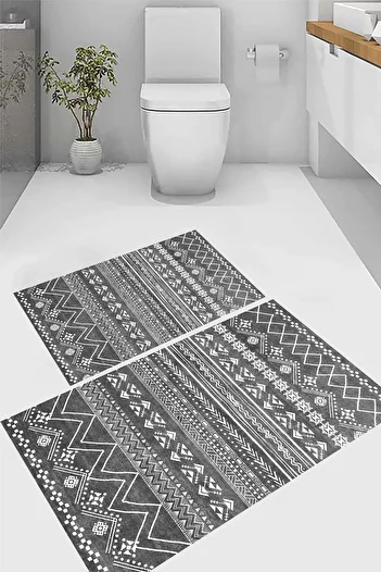 eco concept 2-Piece Scandinavian Patterned Gray Bath Mat and Non-Slip Base Toilet Seat Set