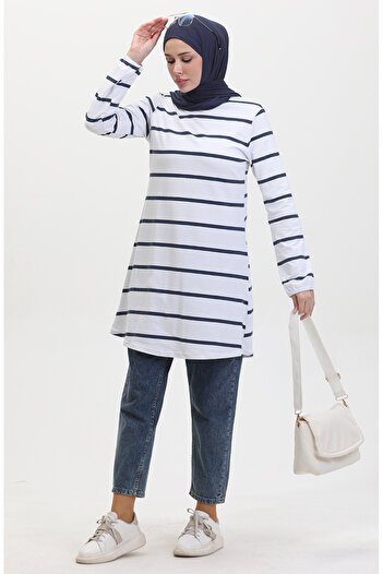 sefamerve Navy Blue White Striped Combed Cotton Tunic - 8724-01