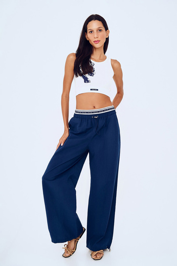 Quzu Navy Blue Wide Leg Printed Trousers