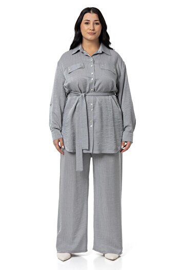 DISENTIS MODEST Gray Double Set - Large Size Shimmering Fabric Shirt and Trousers