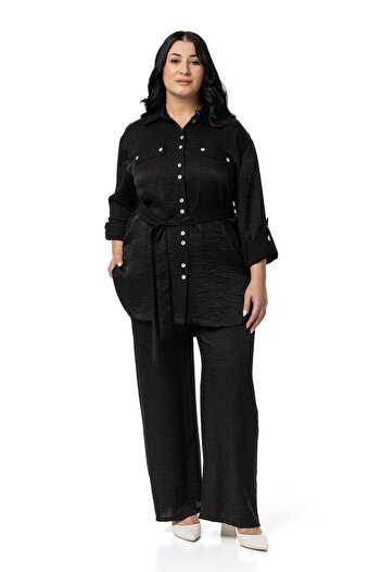 DISENTIS MODEST Plus Size Black Shirt and Trousers Set - Shimmering Fabric