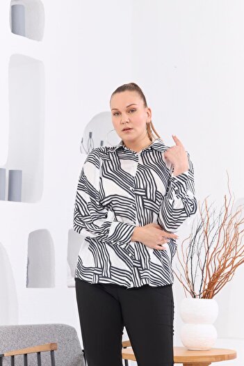 RMG Plus Size Patterned White Satin Shirt