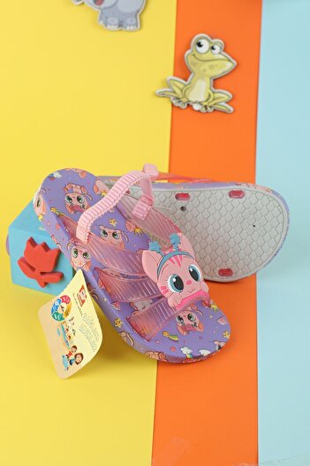 Moda Lime Kedi Figür Pembe Detay Kaydırmaz Poliüretan Tabanlı Yumuşak Doku Çocuk Terlik Plaj Havuz Terliği