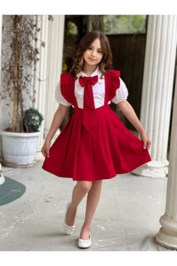 Sahil Collection Red Girl's Shirt and Dress Set - Plug and Stick Bow and Tie Accessory (DESIGN)