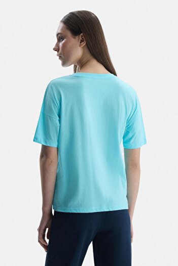 UCLA SANCHEZ Mavi Bisiklet Yaka Baskılı Standard Fit Kadın Tshirt