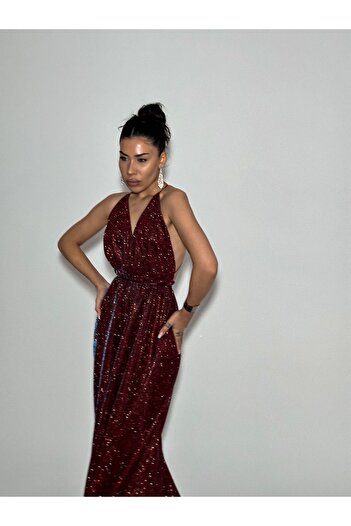 Gülşah Evecen Exclusive Design Burgundy Court Train Dress