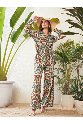 Sassafras By Styli Motif Print Tie Up Shirt & Wide Leg Pants Co-Ord
