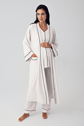 Artış Flexible Viscous Maternity Pajamas and Dressing Gown Set - Long Sleeve, Buttoned