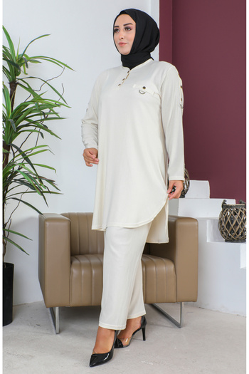 sefamerve Cream Colored Plus Size Tunic and Trousers Set - 2691-04