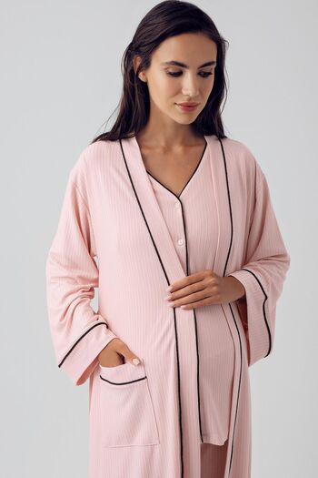 Artış Flexible Viscous Maternity Pajamas and Dressing Gown Set - Long Sleeve, Buttoned