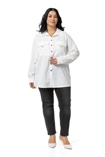 DISENTIS MODEST Large Size White Shirt - D Buckle Detail, Pocket and Cuff