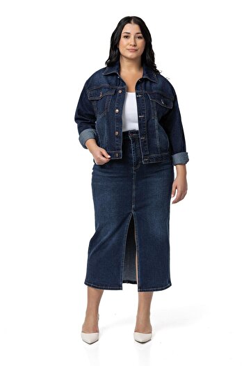 DISENTIS MODEST Five-Pocket Midi Denim Navy Blue Skirt - Plus Size, Front Slit Detail