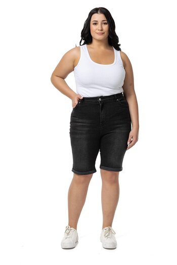DISENTIS MODEST Large Size Folded Leg - Black Denim Shorts with Five Pockets