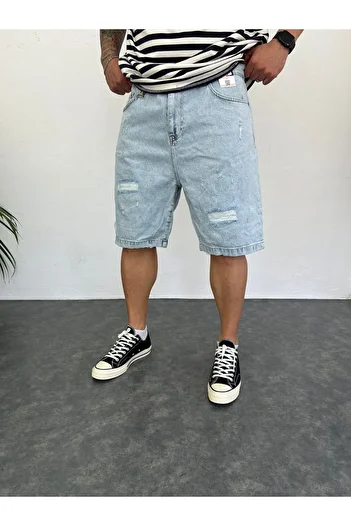 Oliggopol Men's Ice Blue Premium Baggy Fit Jeans Capri Ripped Denim Shorts