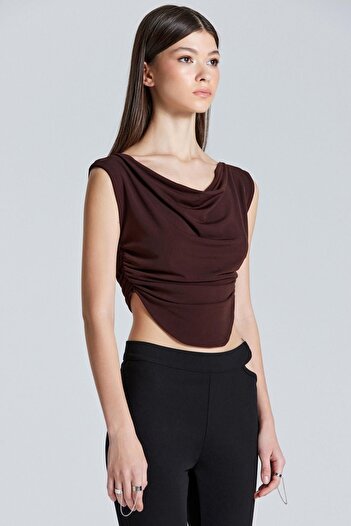boutiquen 2494 Offset Collar Side Gathered Brown Blouse