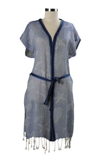 Dosimira Kimono din bumbac - model albastru și detaliu curea