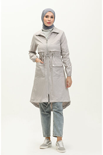 sefamerve Gray Trench Coat 61331-03 - Gathered Waist