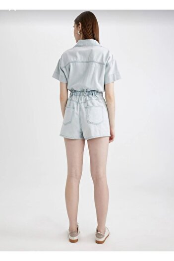 FASTPERY Salopetă mini din denim albastru deschis - Femeii la modă cu mânecă scurtă