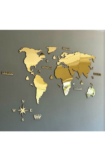 GİZEM SHOP Gold Mirror Plexiglass Puzzle - 2D World Map, Shaped Size 150cmx75cm