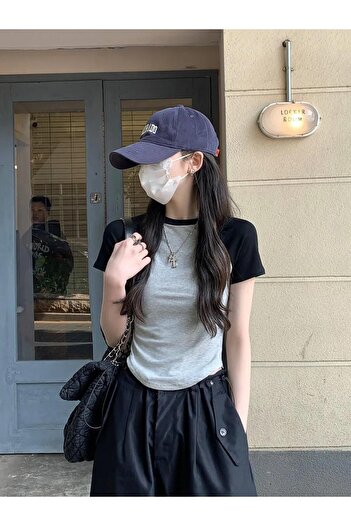 Köstebek Gray Black Basic Short Sleeve Bodysuit