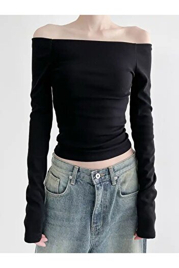 Köstebek Boat Neck Detail Basic Long Sleeve Half Black Body