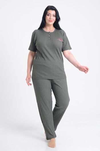PİNKMARK PINKMARK WOMEN'S KHAKI SHORT SLEEVE EMBROIDERED PLUS SIZE PAJAMA SET PMTK25606