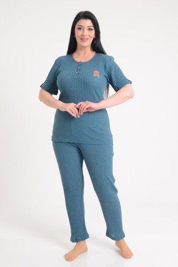 PİNKMARK Women's Turquoise Short Sleeve Embroidered Plus Size Pajama Set Pmtk25604