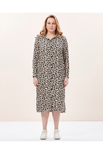 EVEN plus size Leopar Desenli Viskon Cepli Büyük Beden Gömlek Elbise