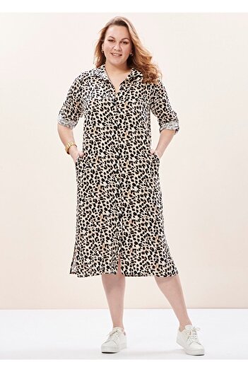 EVEN plus size Leopar Desenli Viskon Cepli Büyük Beden Gömlek Elbise