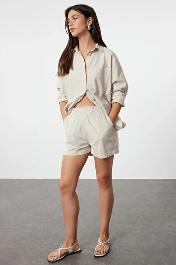 Trendyol Collection Beige Linen Blend Elastic Waist Short Shorts Twoaw25Sr00004