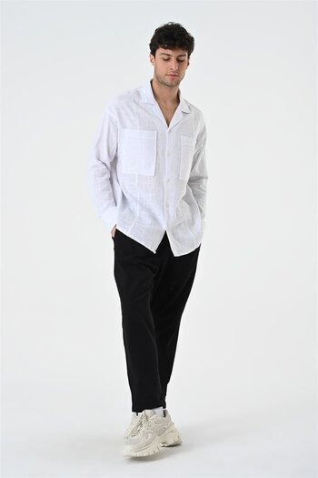 Rocqerx R-3889 Long Sleeve Linen Shirt with Apache Collar and Double Pocket Detail