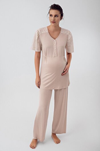 Artış Flexible Viscous Maternity Pajamas Set - Short Sleeve, Lace and Button