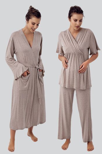 Artış Flexible Lycra Viscous Maternity Pajamas and Dressing Gown Set - Short Sleeve