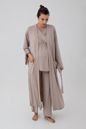 Artış Flexible Lycra Viscous Maternity Pajamas and Dressing Gown Set - Short Sleeve