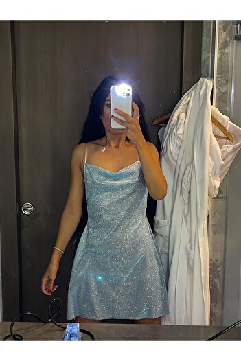 Gülşah Evecen Özel Tasarım Bebe Mavi Simli Mini Elbise