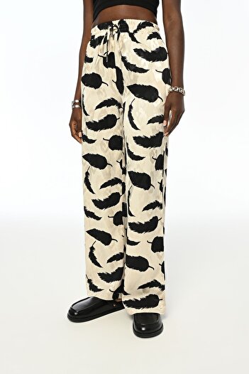Orfeo Negro Leaf Patterned Comfortable Women's Trousers - Jacquard with Elastic Waist