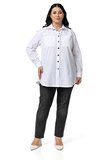 DISENTIS MODEST Plus Size White Shirt - Snap Closure, Plate, Cuff and Pocket