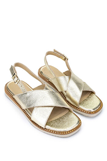 Tamer Tanca Genuine Leather Women's Sandals - Gold Flat Model