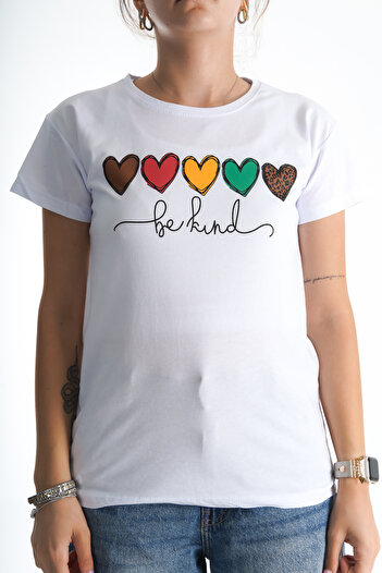 Moda Değirmeni Γυναικείο λευκό μπλουζάκι Heart Printed - BG1196-314-0002