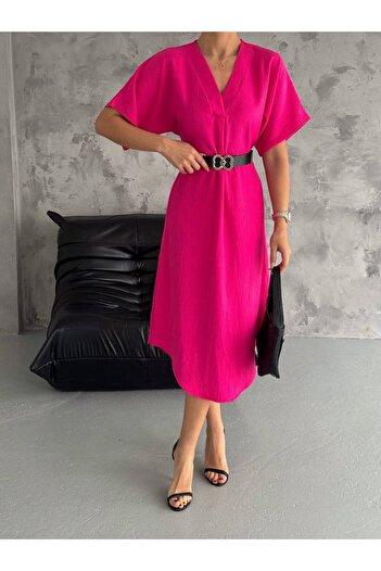 Lusin Fuchsia Linen Dress - V-Neck and Belt Detail