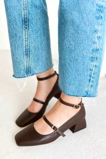 POLKA STORE Mary Jane Brown Matte Leather Closed Back Square Toe Cap Short Block Heeled Women's Shoes
