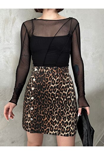 Swet Shop Jeans Maro Negru Leopard Model - Fustă mini Denim Lycra