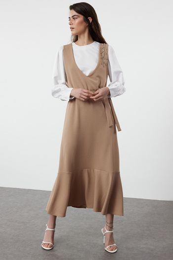 Trendyol Modest Υφαντό Gilet Dress - Mink Stone Print, TCTSS24EB00287