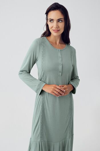 Artış Stretchy Viscous Short Nightgown - Long Sleeves and Buttons