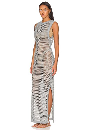 OMKA BUTİK Women's Crew Neck Rope Strap Sleeveless Slit Mesh Back Low-cut Long Gray Beach Dress