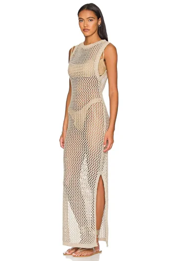 OMKA BUTİK Women's Crew Neck Rope Strap Sleeveless Slit Fishnet Back Low-Cut Long Beige Beach Dress