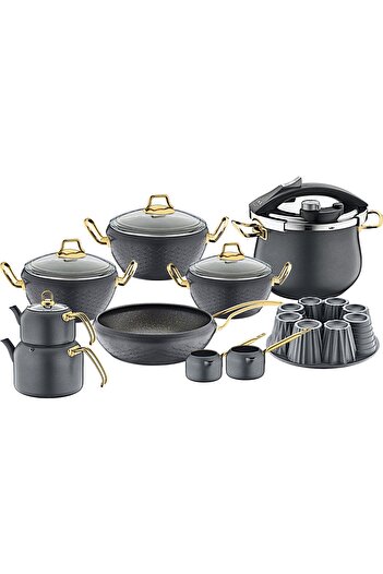 OMS 3519 Model - 16 Piece Bio Granite Full Dowry Set, Anthracite Body - Gold Detailed